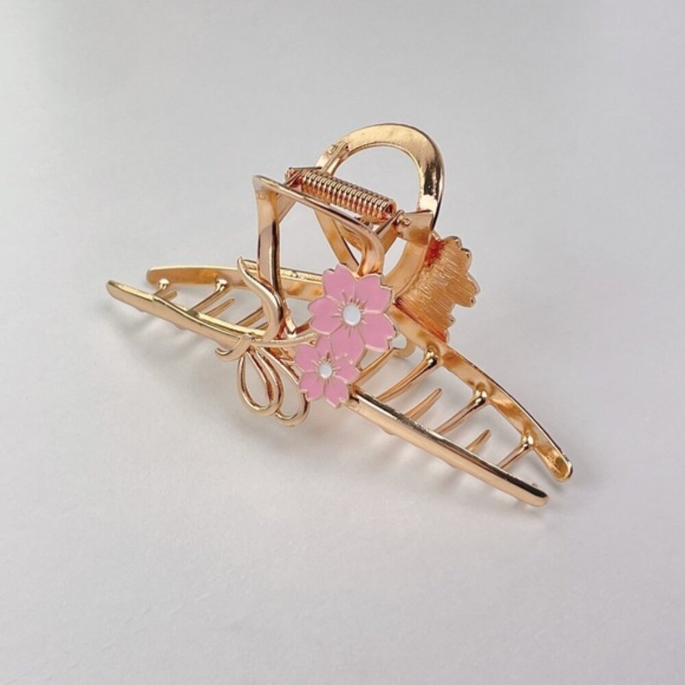 NEW Rose Gold Metal Pink Double Sakura Flower Hair Claw